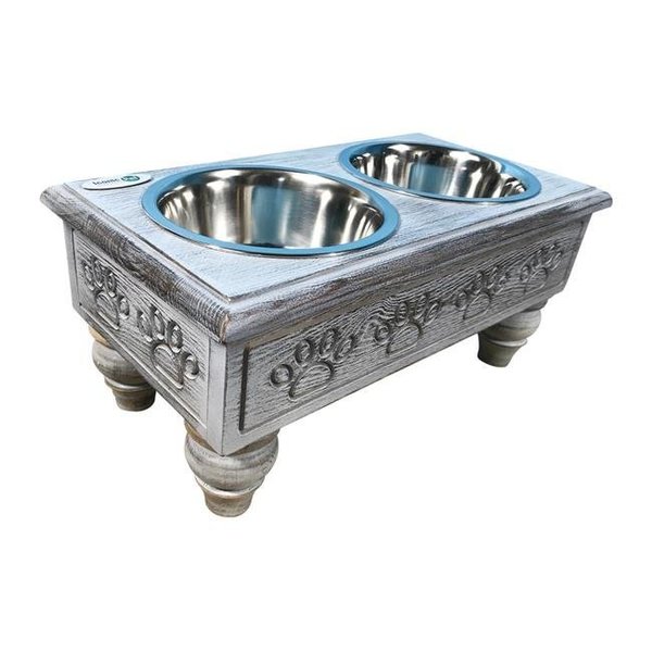 Iconic Pet Llc Iconic Pet 52068 Sassy Paws Raised Wooden Pet Double Diner with Stainless Steel Bowls; Antique Gray - Large 52068